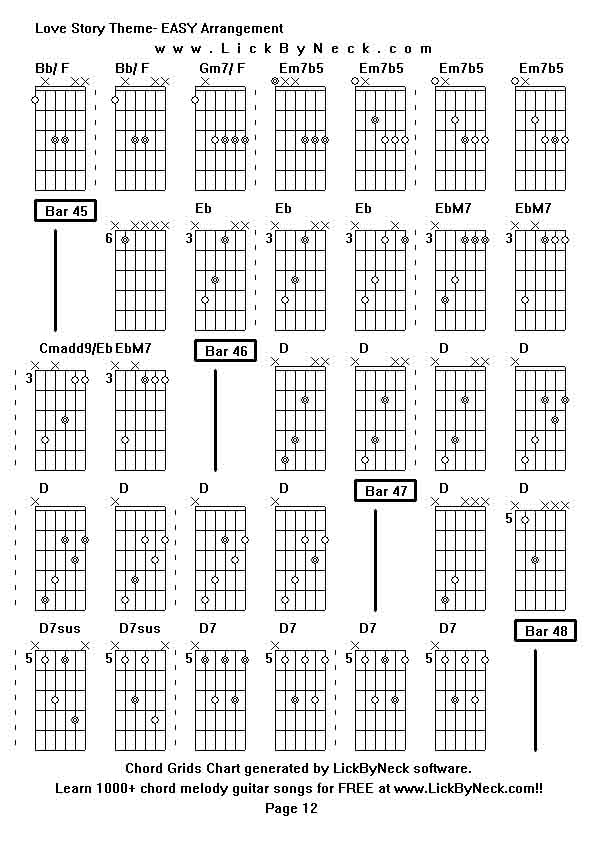 Chord Grids Chart of chord melody fingerstyle guitar song-Love Story Theme- EASY Arrangement,generated by LickByNeck software.